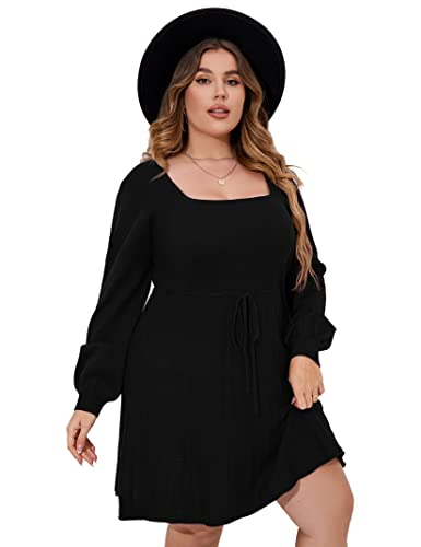 Image of Women's Plus Size Casual Sweater Dress Square Neck Long Lantern Sleeve Tie Waist Loose Pullover Sweater Dresses