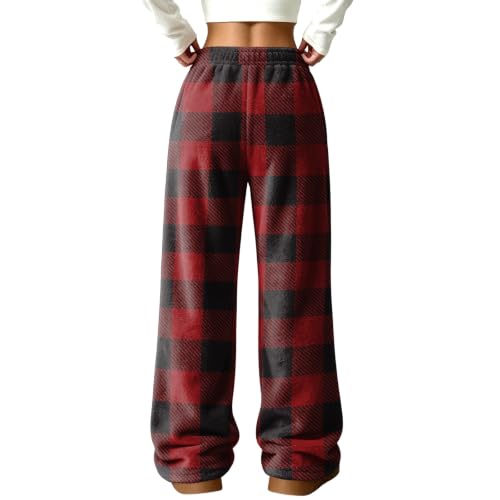 Women Pajama Pants Wide Leg Fluffy Buffalo Plaid Flannel Fuzzy Pants - image 7