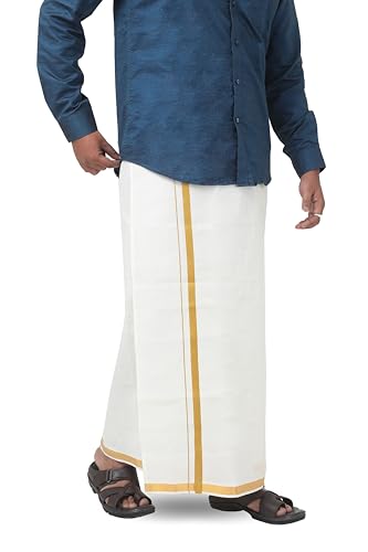 Image of Adjustable Velcro with Pocket Cotton Dhoti with Gold Jari Border, For Men (28 to 44 inches)
