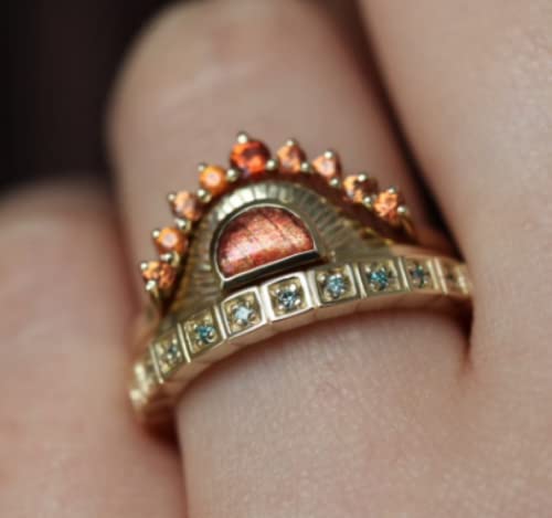 18k Golden Sun Wedding Ring Three Piece Set Fashion Ring Multi Gem Moonstone Women Sun God Ring Size 6-103