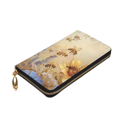 Women's Leather Wallet - Rural Honey Bees Wildflowers Prints Coin Purse Travel Card Holder Zipper Purse Cell Phone Handbag3