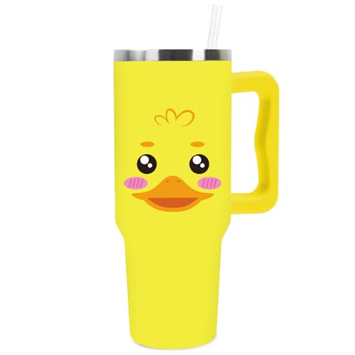 JarThenaAMCS Yellow Duck Tumbler with Lid and Straw 40 Oz Cartoon Rubber Duck Tumbler with Handle Summer Stainless Steel Cup for Home Office Travel