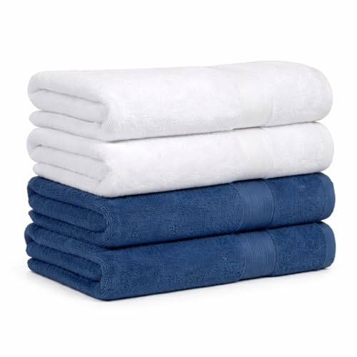Image of Arvind 100% Cotton Towels for Bath | Towels for Bath Large Size | 500 GSM Bath Towel - Soft & Absorbent | 4 Piece Bath Towel for Men /Women | Urban Comfort | 70 cm x 140 cm - Dark Blue & White