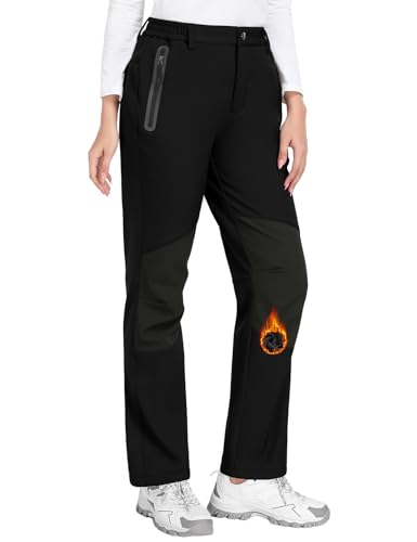 PASUDA Womens Waterproof Walking Trousers Thermal Hiking Pants Fleece Lined Ladies Winter Outdoor Windproof Joggers Warm Softshell Fishing Ski Snow Pants with Knee Friction Prevention (Black, M)