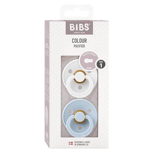 BIBS Pacifiers Colour Collection | Natural Rubber Baby Pacifier | Set of 2 BPA-Free Soothers | Made in Denmark | 0+ Months (Pack of 2) | Baby Blue/White
