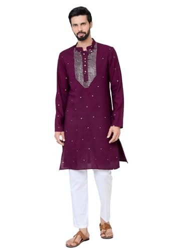 Image of See Designs Men's Full Sleeve Mandarin Collar Sequins Embroidered Chanderi Straight Long Kurta with Yoke Design - Festive Collection