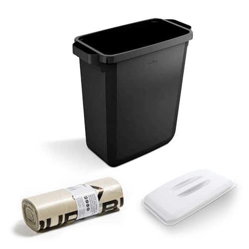 DURABIN - Cubo de basura rectangular negro de 60 litros y tapa blanca y bolsas de basura de 110 L, paquete de 25 bolsas de plástico resistente para reciclaje de basura, seguro para alimentos, con