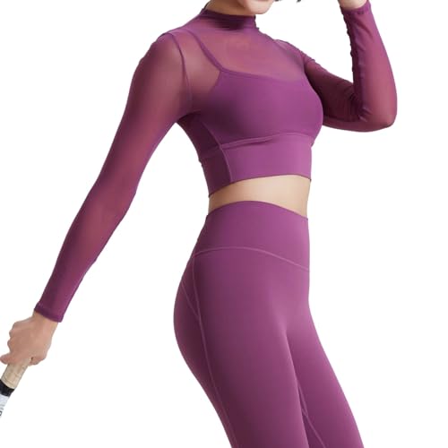 Women's Long Sleeve Mesh Crop Workout Tops See Through Shirt Gym Yoga Running Shirts with Built in Bra3
