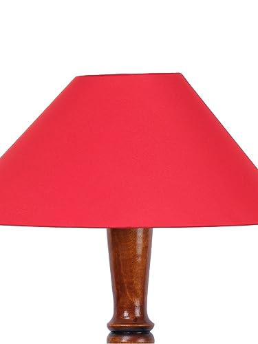 Image of Red Coolie Cotton Floor Lamp with Wooden Base - Height 53 Inches | Modern Standing Lamp for Living Room, Bedroom & Office | Stylish Home Decor Lighting & Decorative