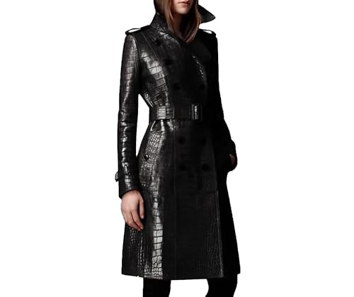 Women’s Alligator Double Breasted Crocodile Black Faux Leather long Coat