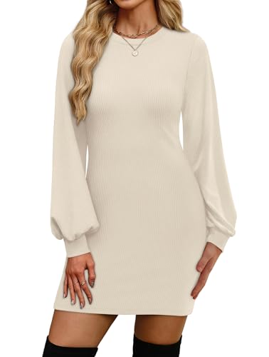 OFEEFAN Wedding Guest Dress 2025 Trendy Fall Outfits Crewneck Bodycon Dresses Pullover Cream S