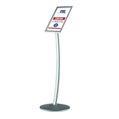 M&T Displays Curved Menu Board, 8.5x11 inch Silver Pedestal Sign Holder Floor Standing Aluminum Front Loading Easy Open Poster Message Advertisement Holder for Restaurant Cafe Hotel