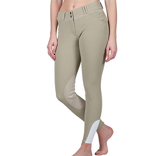 ELATION EuroSeat Breeches, Platinum Brooklyn Riding Breeches for Women, Thick Elastic High Waist w/Contrast Piping & Leather Knee Patch â€“ Ladies Equestrian Riding Pants & Horse Show Breech (Tan, 26R)