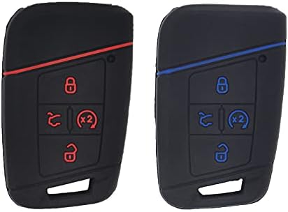 LemSa 2Pcs 4 Buttons Rubber Smart Key Fob Cover Case Shell Remote Keyless Protector Bag Holder for 2021 2020 2019 VW Volkswagen Tiguan Atlas Jetta Passat Golf Alltrack Push Start, Red Blue Buttons
