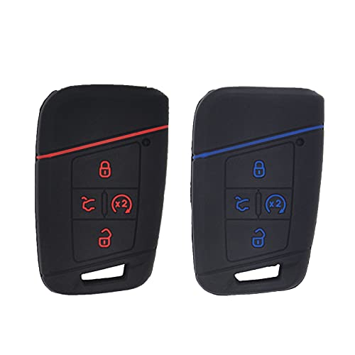 Lemsa 2Pcs 4 Buttons Rubber Smart Key Fob Cover Case Shell Remote Keyless Protector Bag Holder For 2021 2020 2019 Vw Volkswagen Tiguan Atlas Jetta Passat Golf Alltrack Push Start, Red Blue Buttons #TOP1