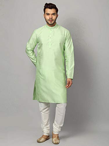 Image of Uri and MacKenzie Banarasi Dupion Silk Solid Kurta Churidar Pyjama Set for Men