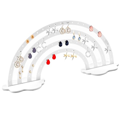 duozoanz Supporto Orecchini Organizzatore Porta Gioielli - Arcobaleno Stand Acrilico con 66 Fori di Sospensione per 33 Paia per Orecchini a Perno L'esposizione Sulla Toeletta(Bianco)
