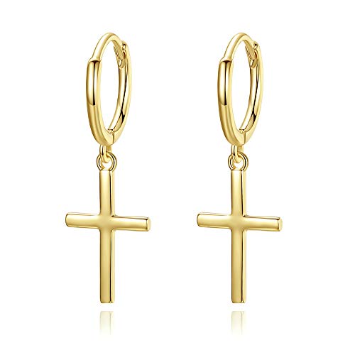 14K Gold Colored Cross Dangle Earrings Small Huggie Hoop Cross Earrings For Women Men Unisex Simple Cute Criss Cross Earrings Hypoallergenic Valentines Day Christmas Gift #TOP6