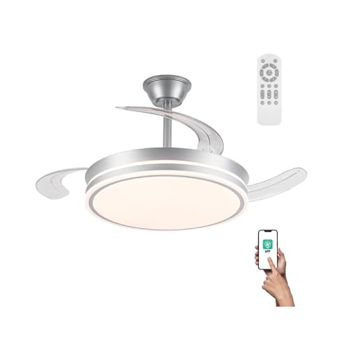 wonderlamp Ventilador con aspas retráctiles, Smart control APP y Mando a distancia, Ventilador de techo con luz LED 72W Miso Evo Plata, Memoria de encendido, 3 CCT, Intensidad Regulable, Silencioso