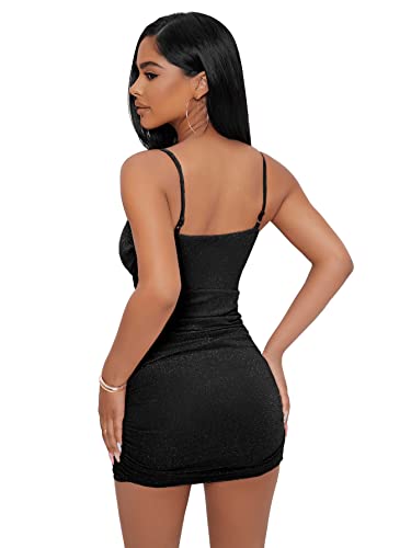 Sweatyrocks Women's Spaghetti Strap V Neck Ruched Wrap Dress Ruched Bodycon Mini Dress Solid Black Petite L #TOP1