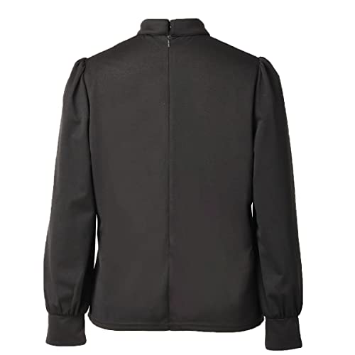 Church Priest Clergy Shirt For Women Autumn/Winter Lantern Long Sleeve Front Pleated Shirt With Tab Insert Stand Collar Black #TOP3