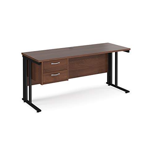 Image of Mr Office Maestro 25 straight desk 600mm deep with 2 drawer pedestal - black cable managed leg, 1600, Walnut