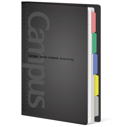 Image of KOKUYO 5 Subject Spiral Notebook, Campus B5 Refillable Journal with 5 Tab Dividers, 100 Sheets in 7mm Dotted Ruled Loose Leaf Paper, Black, Japan Import