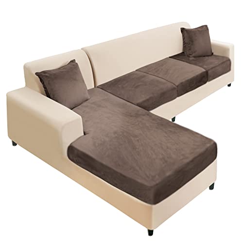 Naisi Sectional Couch Cover 4 Pieces Velvet Separate Couch Cushion Covers L Shape Soft Stretch Sofa Slipcovers With 2Pcs Pillowcases For Left/Right Chaise Sectional Couch(3 Seater+1 Chaise,Brown) #TOP14