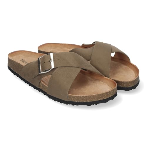 shoes&blues.es 85213 Sandalia Plana de Mujer, Pala entrecruzada, con Planta Anatomica de Bio, y Hebilla, Primavera Verano Verde Talla 36