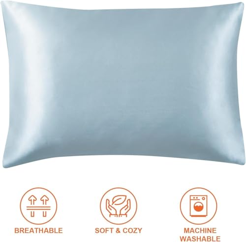 Image of Satin Pillow Covers Set of 2 - Soft & Smooth Pillowcases for Hair & Skin Care | Envelope Closure | Includes 3 Free Random Color Scrunchies | Frizz-Free Sleep Essentials (Sky Blue)