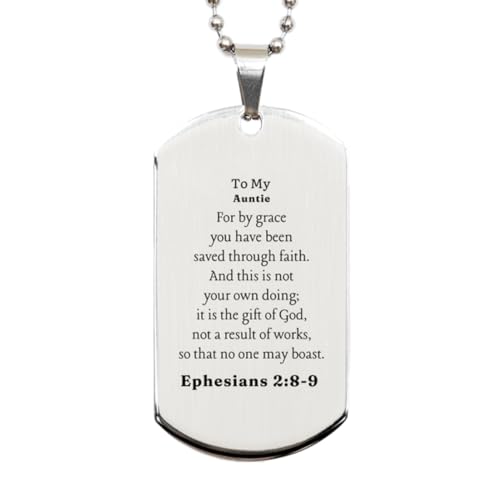 ROOMSOAR Bible Verse Gifts for Auntie, Ephesians 2:8-9, You Have Been Saved Through Faith. Religious Silver Dog Tag for Auntie. Special Christian Gift