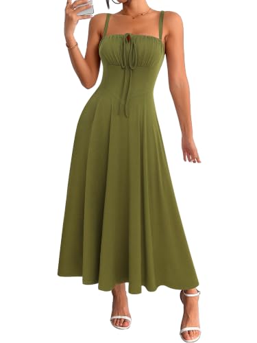 Image of YATHON Women's Summer Midi Corset Boho Dresses Spring Casual Floral Spaghetti Straps Lace Up Dress Flowy Aline Beach Sundress