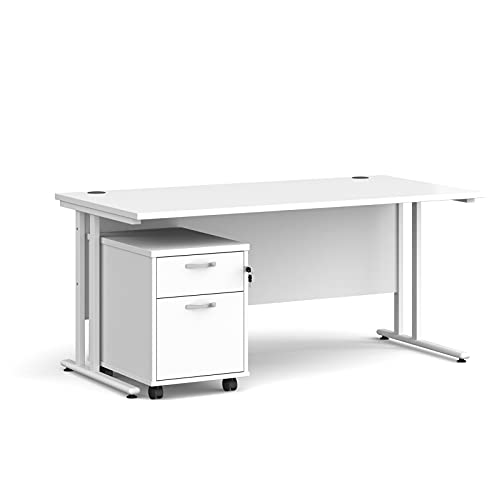 Image of Mr Office Maestro 25 straight desk - white cantilever frame and 2 drawer pedestal bundle, White, 1600