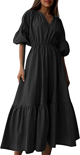 Robe midi noire pour femme à col en V et taille élastique haute en S