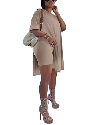 Women 2 Piece Outfit Solid Short Sleeve Slit Loose T-Shirt Dress + Biker Shorts Workout Casual Sweat Suits