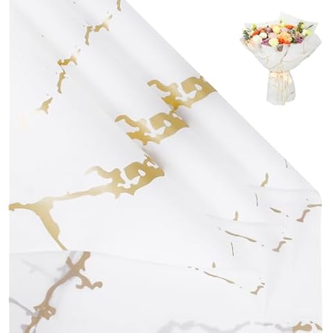 NESCCI 20 Sheet Flower Wrapping Paper - Waterproof Floral Bouquet Wrapping Paper, Florist Supplies Packaging Paper for Wedding Birthday Gift DIY (Marble White) Cover