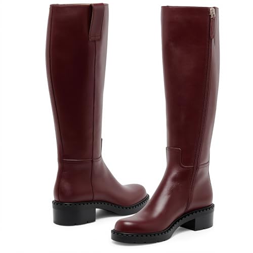 Image of KaroNairy Women Knee High Boots Faux Leather Long Boots Low Chunky Heel Square Toe Side Zipper Fall Tall Boots