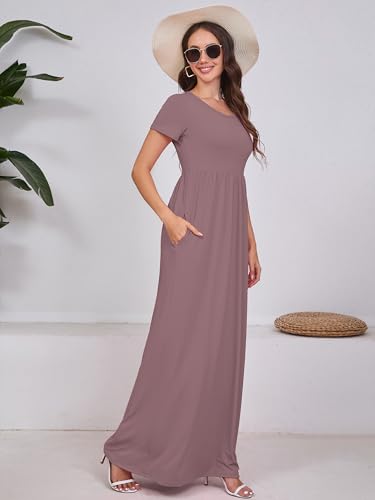 Image of DEARCASE Maxi Dress for Women Short Sleeve Casual Summer Loose Plain Comfy Long Dresses with Pockets