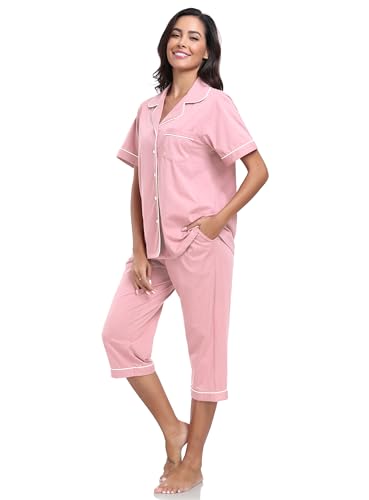 Image of COLORFULLEAF 100% Cotton Capri Pajama for Women Set Summer Short Sleeve Pj Sets for Women Cotton Sleepwear