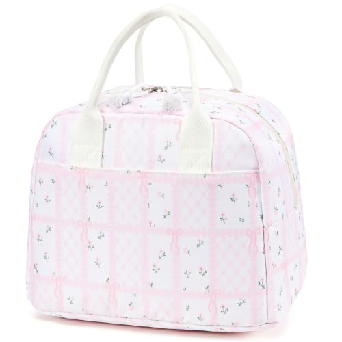 Image of LOVELYWIND Lunch Box for Women, Insulated Lunch Bag, Pink Checkered Tote