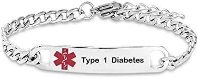 LSxAB Women Men Type 1 Diabetes Emergency Medical ID Bracelet Chain Mother Daughter Son Husband Family Grandma Grandpa Stainless Steel Birthday Christmas