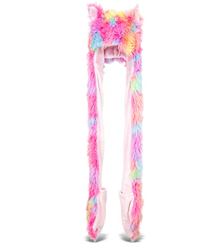 DolliBu Rainbow Plush Hat - Super Soft Warm Winter Hat with Ear Flaps, Funny Party Costume, Stuffed Beanie for Kids & Teens - One Size