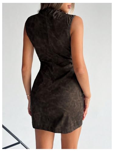 Image of RoseSeek Women's PU Leather Ruched Bodycon Dresses Mock Neck Sleeveless Zipper Mini Tank Dress