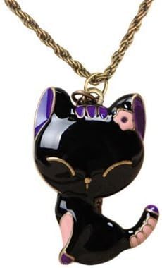 Shop4Jewelry365(TM) Vintage Glazed Lady Cat Pendant Long Chain Necklace-Black Pink&Purple