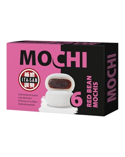 ITA-SAN Mochi Rote Bohnen weiß 6 Stück zarte Mochi aus Klebreismehl mit süßer rote Bohnen-Füllung authentisch japanisch kochen ideal als Snack oder Dessert vegan halal 1 x 210 g