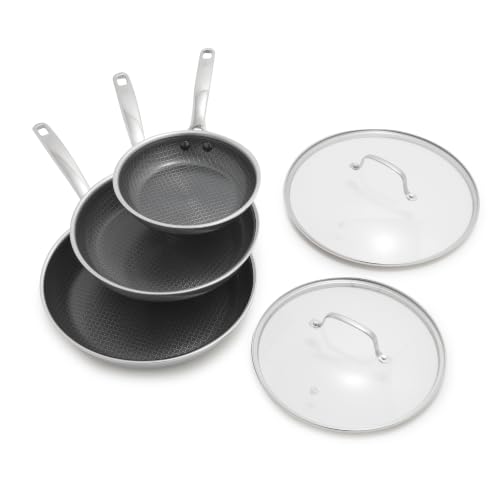 Image of Blue Diamond Hybrid 5pc Stainless Steel Nonstick Fry Pan Set with Two Lids | 8 inch, 10 inch, 12 inch Skillets with Glass Lids, PFAS-Free Ceramic Nonstick, Induction & All Cooktop Compatible, Dishwasher / Oven Safe