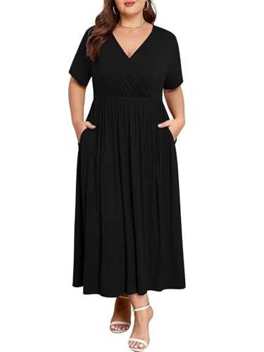 Image of BELAROI Womens Plus Size Maxi Dress Summer Wrap V Neck Flowy Long Sundress Beach Dresses with Pockets