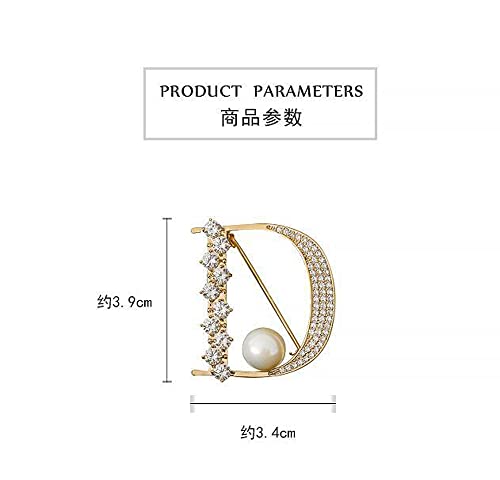 Image of Crystal Pearl Initial Brooch Gold Plated Rhinestone D Letter Alphabet Breastpin Pin Jewelry for Gifts