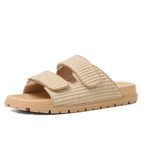 Image of Womens Espadrilles Slide Sandals Hook and Loop Slip-on Straw Raffia Flat Sandals for Women Woven Slides Comfortable Beach Flats