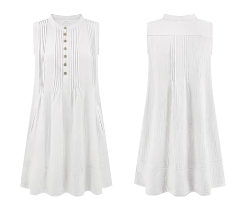 Image of R.Vivimos Sleeveless Cotton Casual Dresses for Women Summer 2026 Button Up Ruched Loose Tunic Mini Dress with Pockets